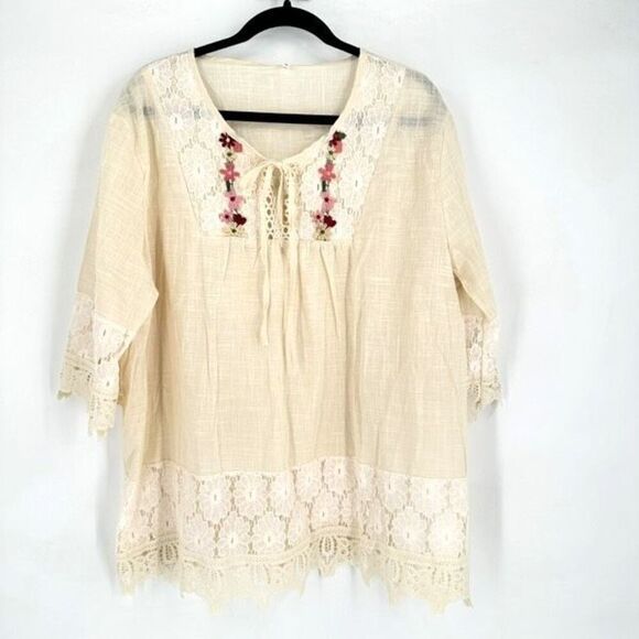 Boutique Women's Embroidered Lace Trim Tie Front Peasant Blouse Cream Size 3XL - Picture 1 of 11